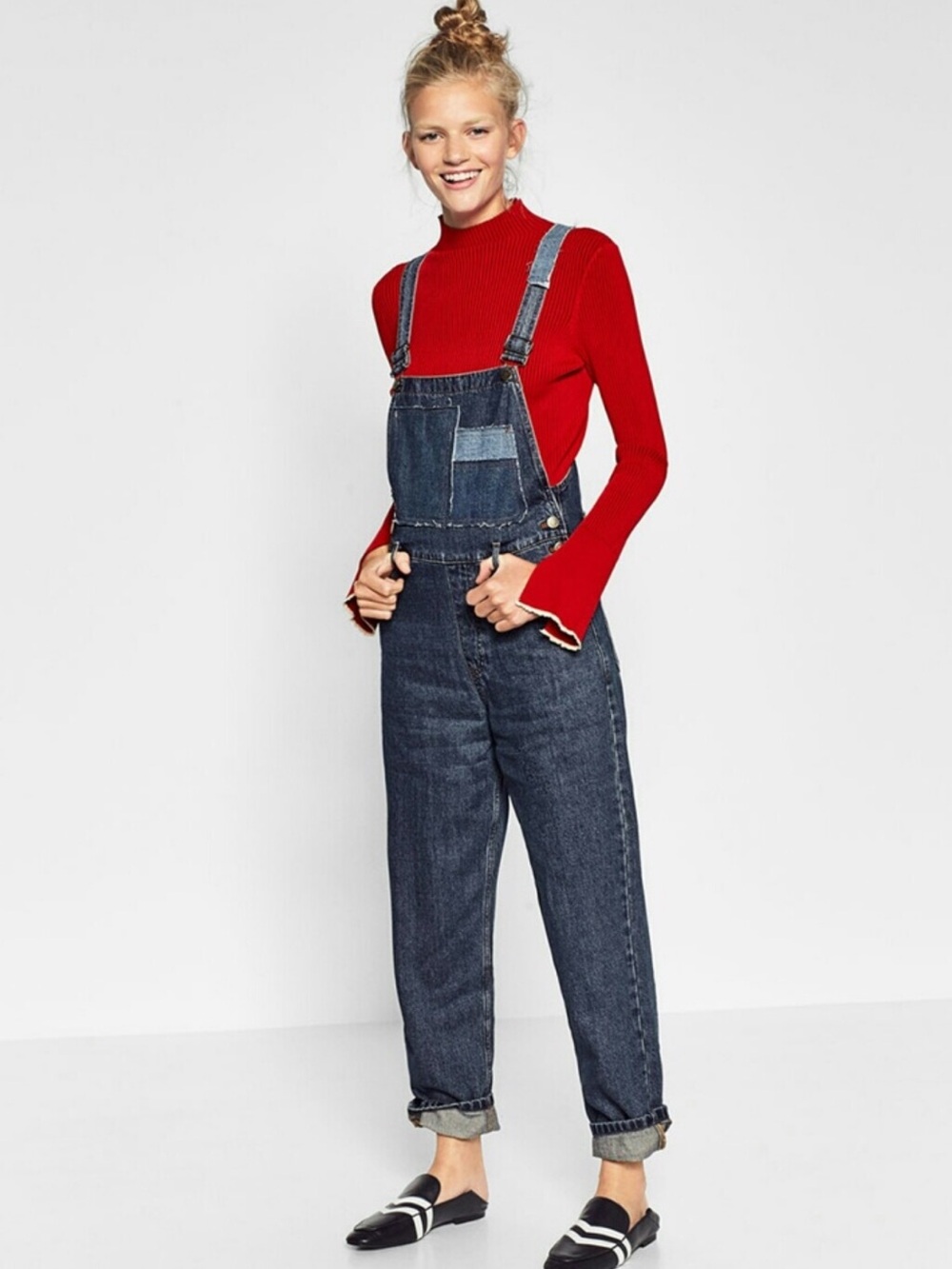 Zara TRF Mom Fit Denim Overalls Distressed Patchwork Size Small NEW
